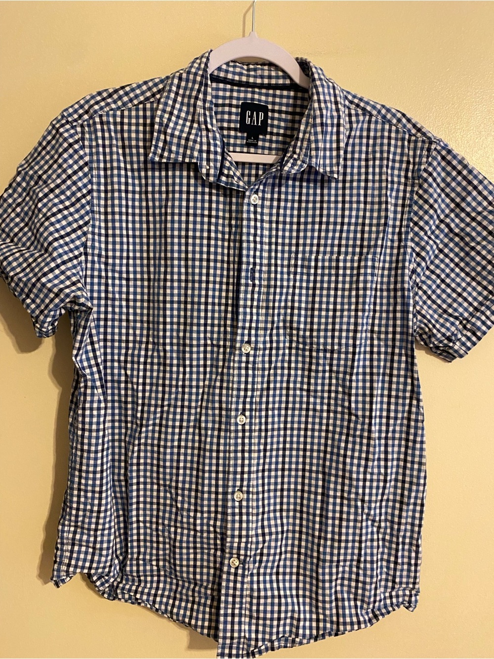 GAP Men's Blue & White Gingham Short-Sleeve Button-Down Shirt